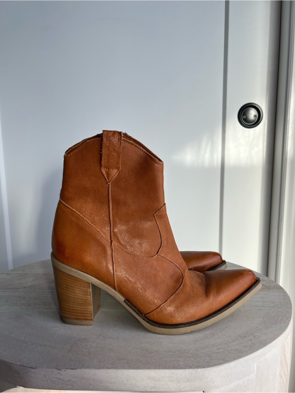 Women's Cognac Leather Western Ankle Booties